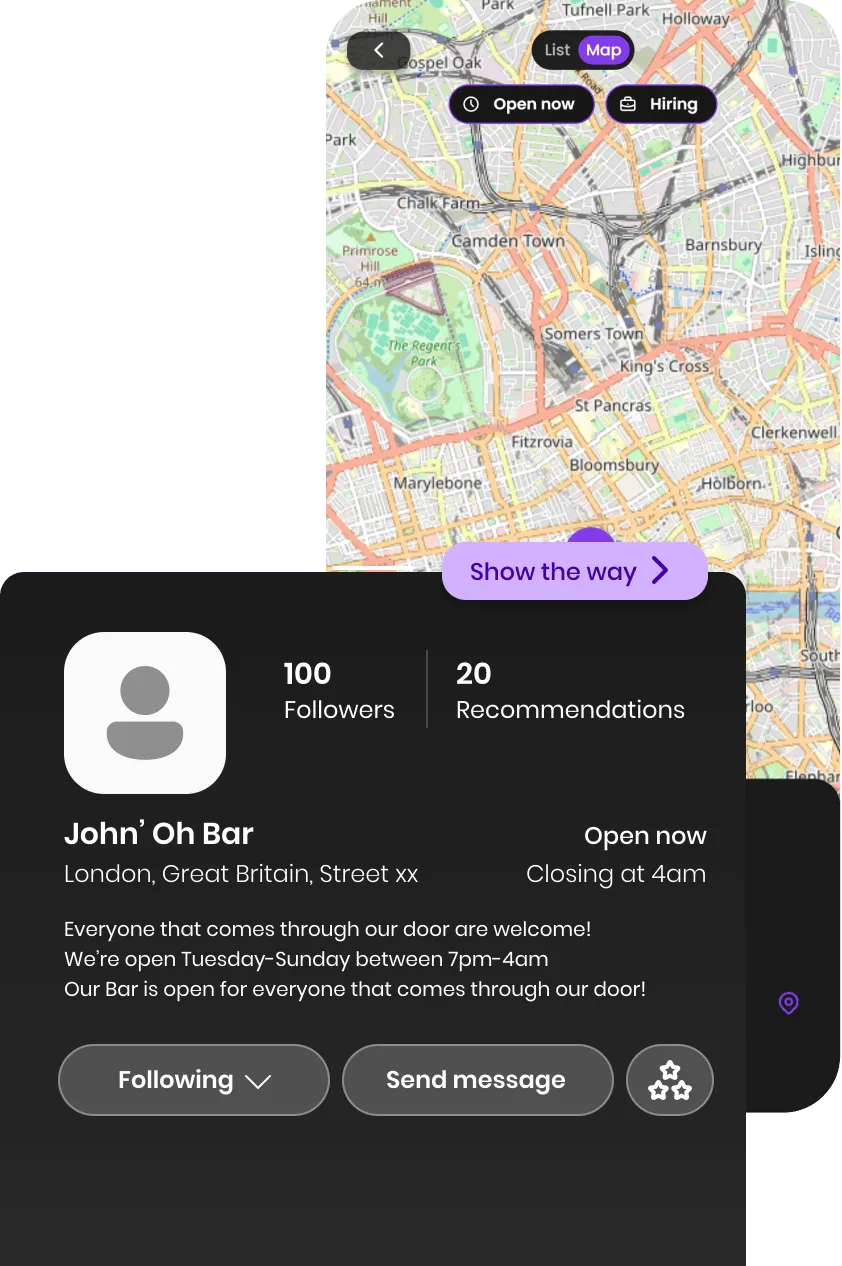 Map of bars in Jerry with a bar profile showing followers, recommendations and opening hours
