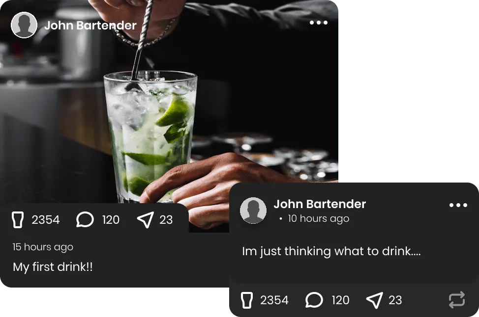Bartender posts in the Jerry feed with likes, comments and shares