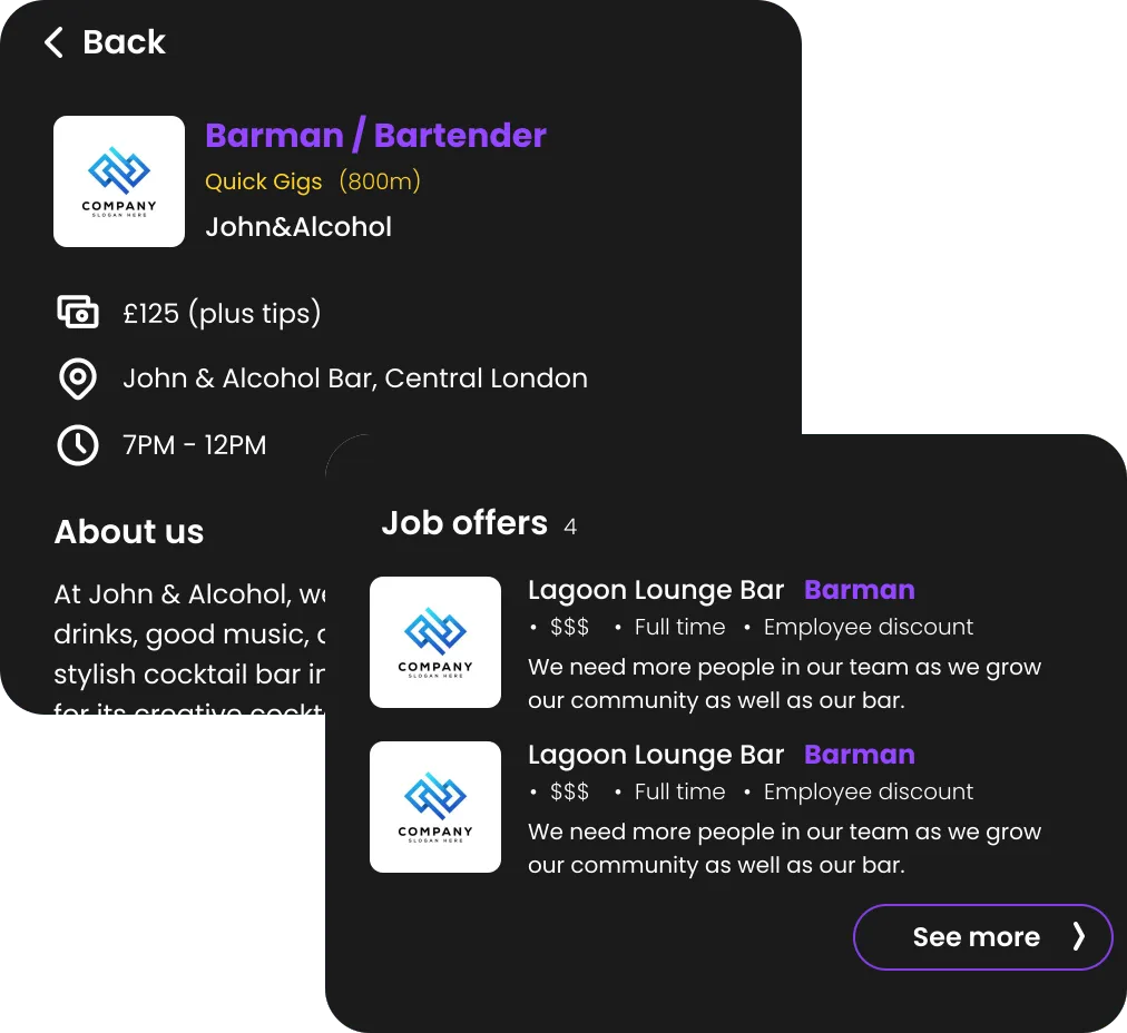 Bartender job offer details and a list of job offers in Jerry